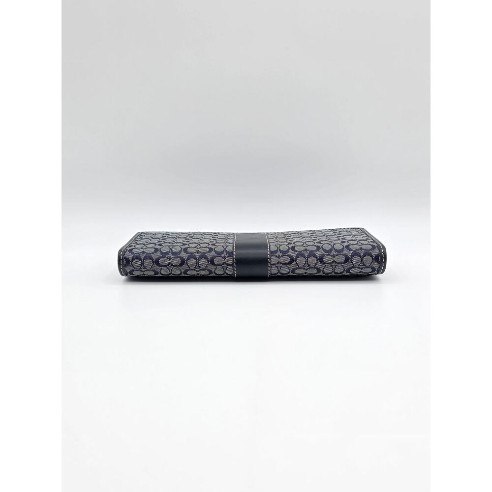 Coach Signature Long Flap Wallet Navy Blue Jacquard Leather Trim Clutch Wallet - Picture 4 of 15